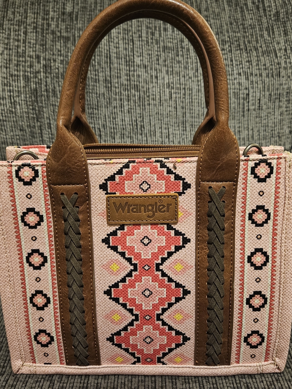 Wrangler Pink Patterned Tote Bag with Brown Trim